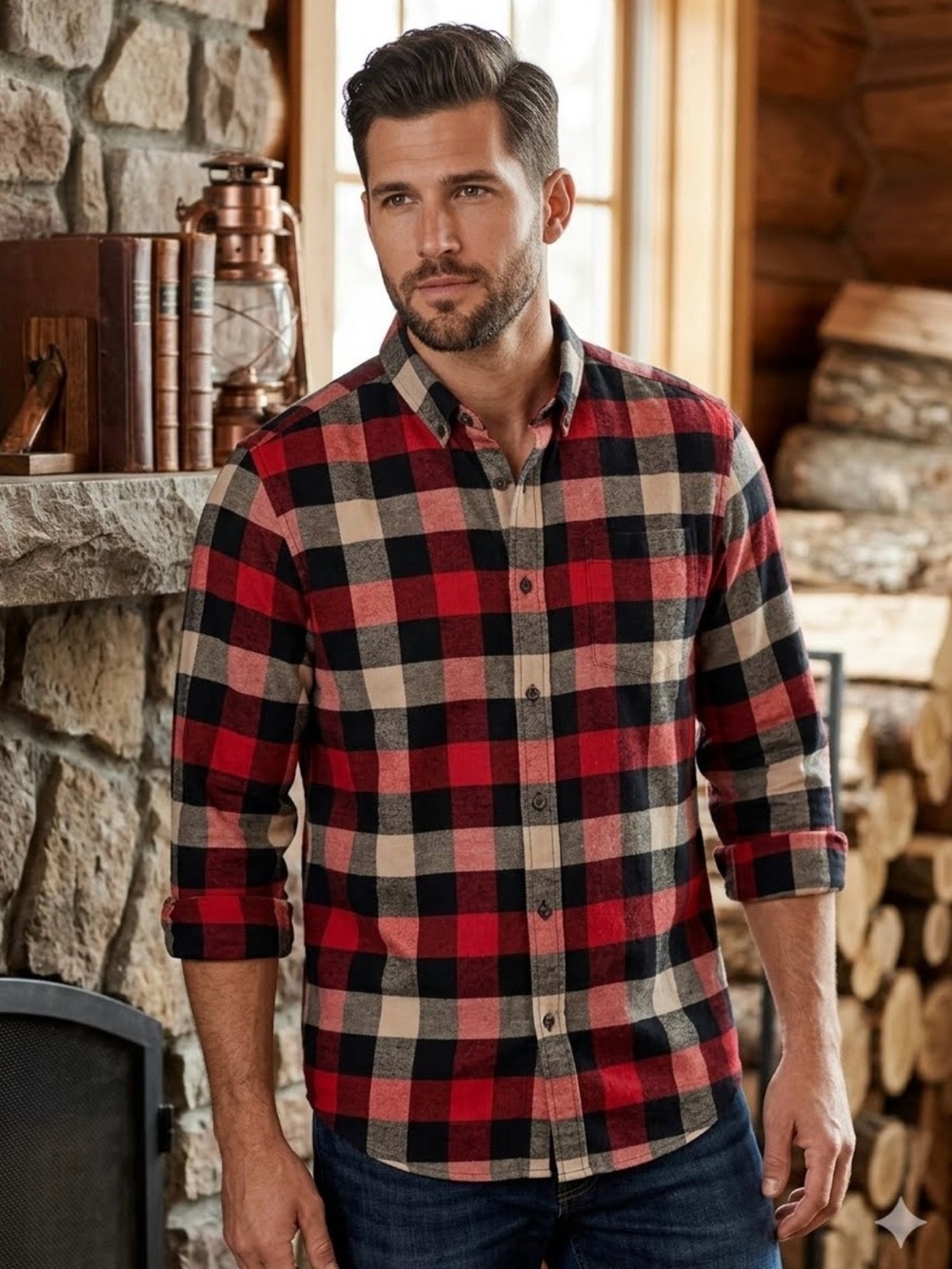 Croft & Barrow Men's Red and Black Plaid Shirt Cabincore